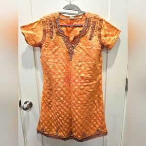 "XL Peach Gold Embroidered Kurti Tunic Dress Beaded Ethnic Boho Festival Wear"